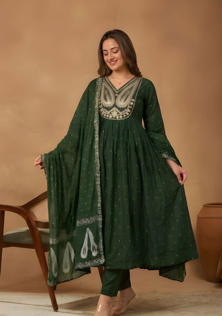 Green Embroidered Cotton Kurta Set - Indya