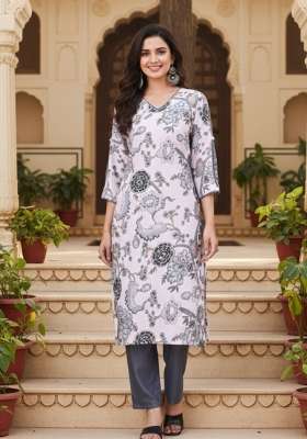 Grey Printed Cotton Kurta Set
