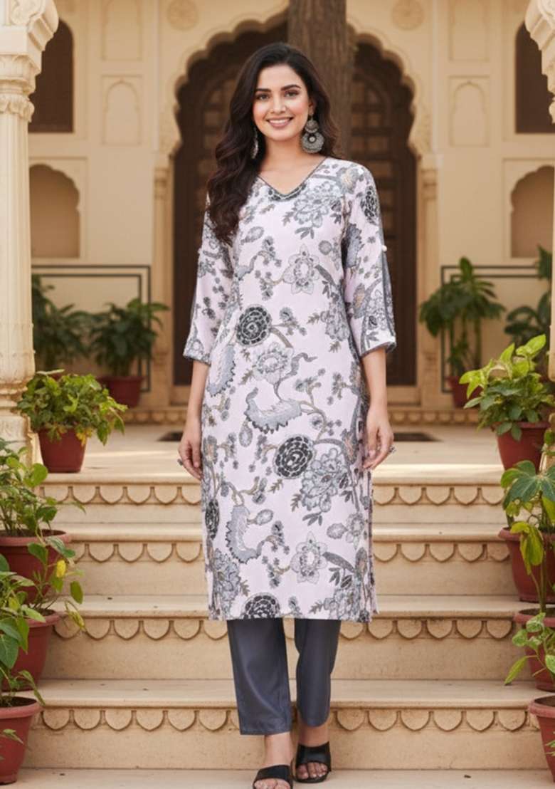 Grey Printed Cotton Kurta Set - Indya