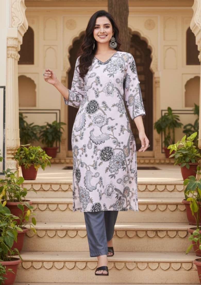 Grey Printed Cotton Kurta Set - Indya