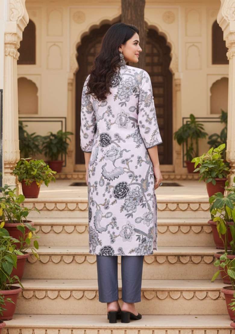 Grey Printed Cotton Kurta Set - Indya