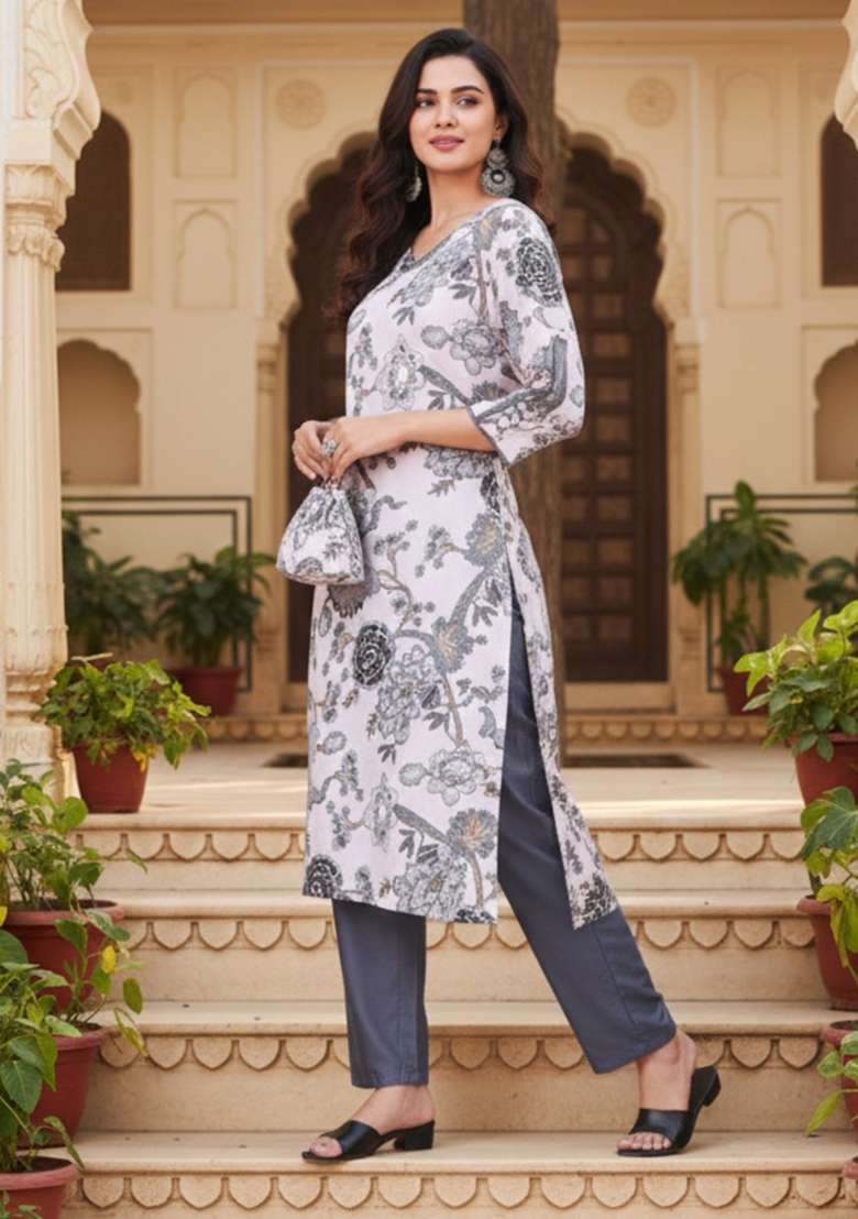 Grey Printed Cotton Kurta Set - Indya