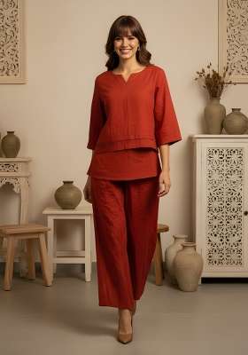 Rust Orange Solid Cotton Kurta Set