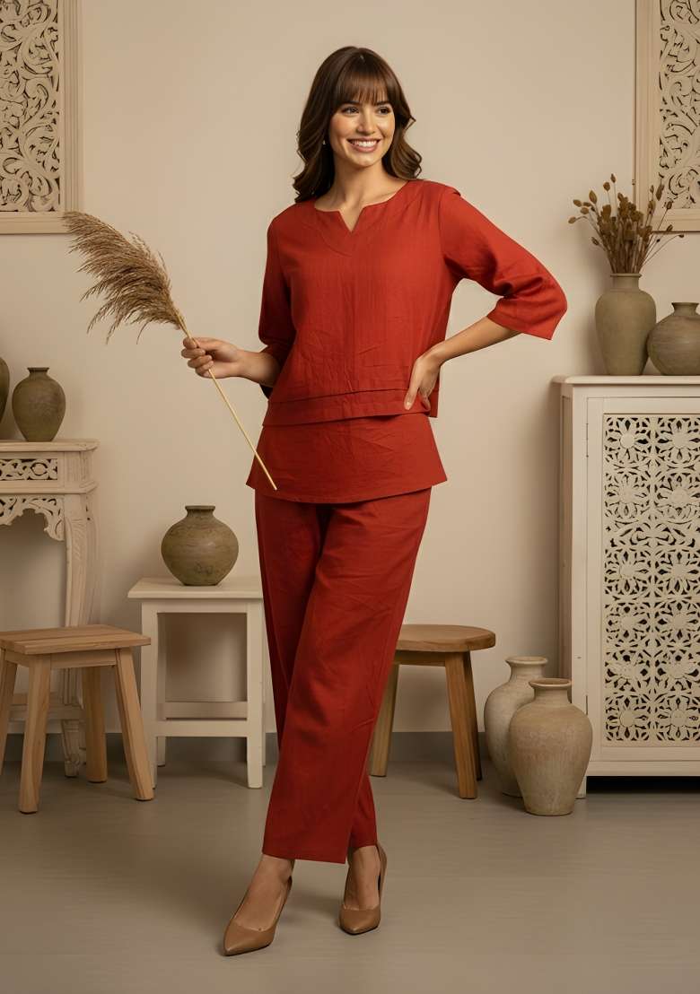 Rust Orange Solid Cotton Kurta Set - Indya