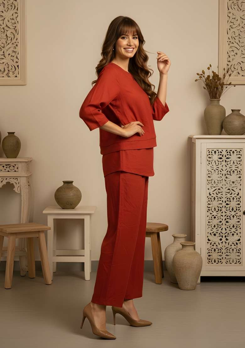 Rust Orange Solid Cotton Kurta Set - Indya