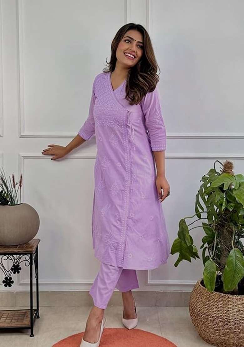 Lavender Embroidered Cotton Kurta Set - Indya