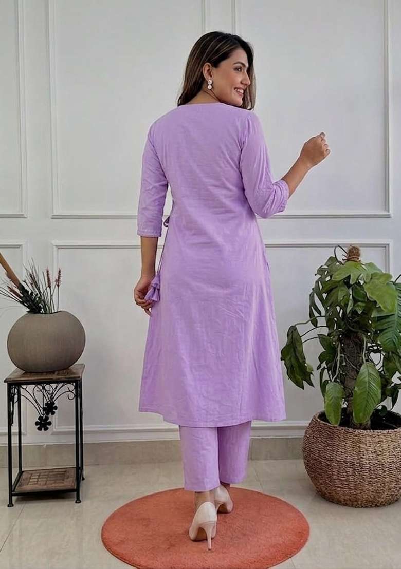 Lavender Embroidered Cotton Kurta Set - Indya