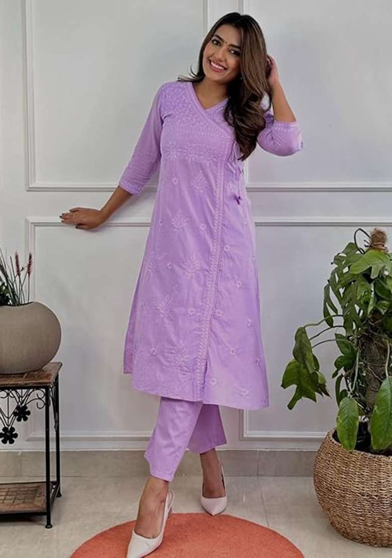Lavender Embroidered Cotton Kurta Set - Indya