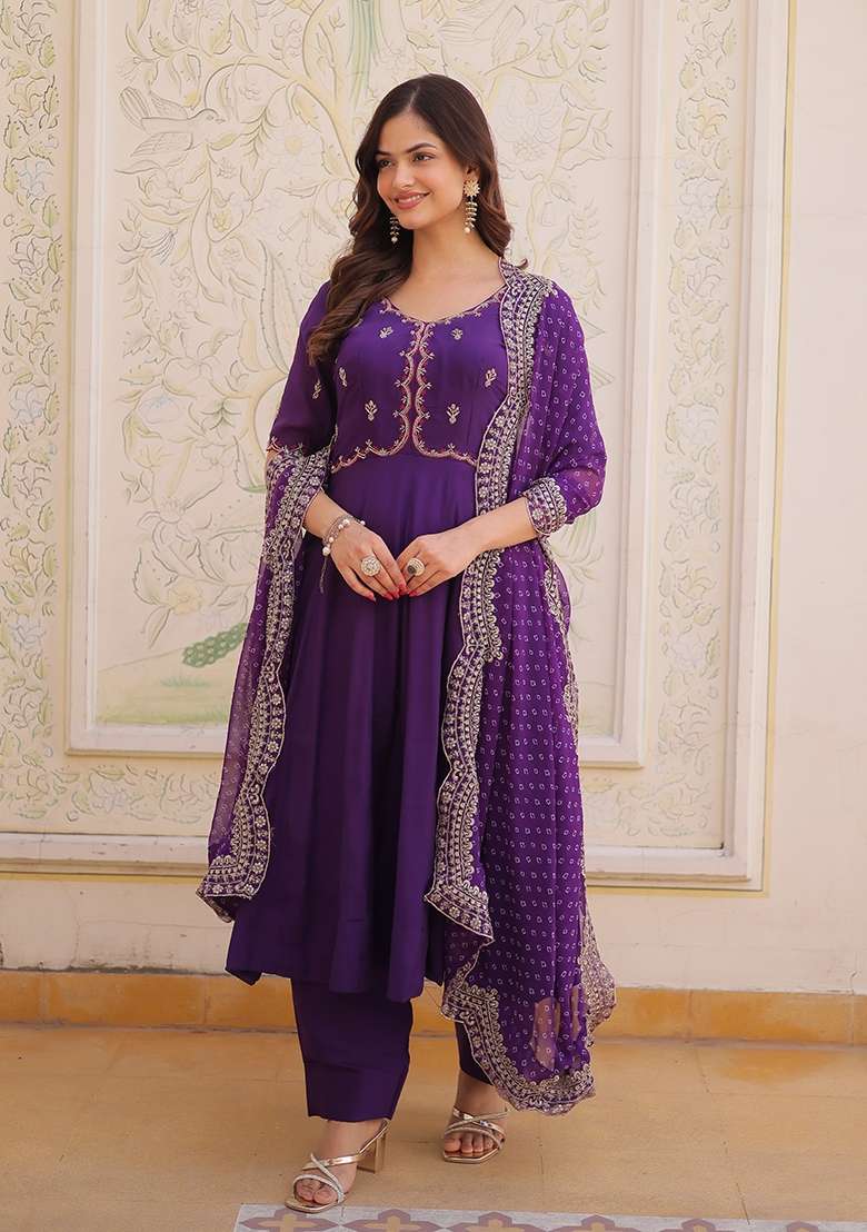 Purple Embroidered Chanderi Kurta Set - Indya