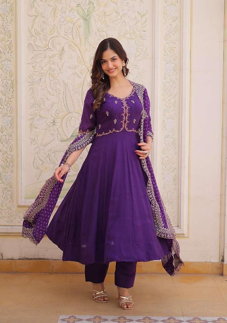 Purple Embroidered Chanderi Kurta Set - Indya