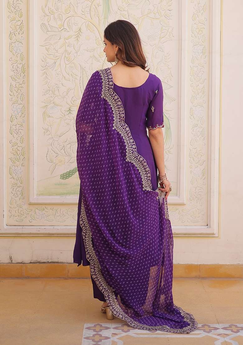 Purple Embroidered Chanderi Kurta Set - Indya