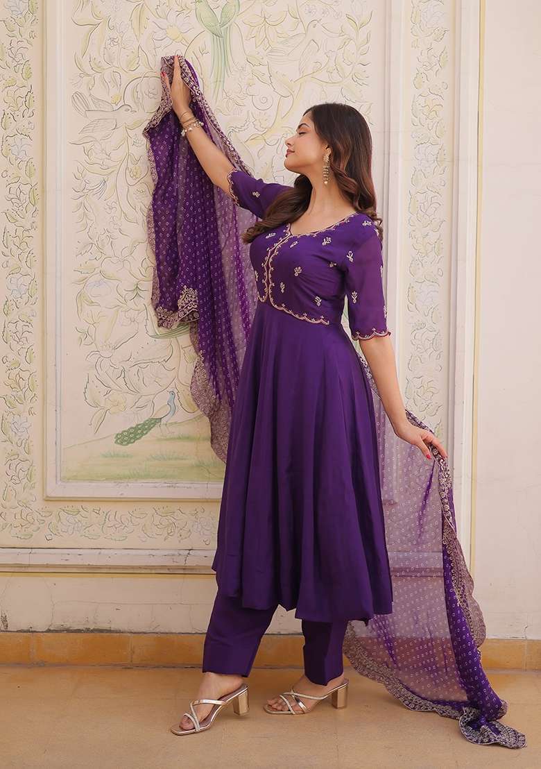 Purple Embroidered Chanderi Kurta Set - Indya
