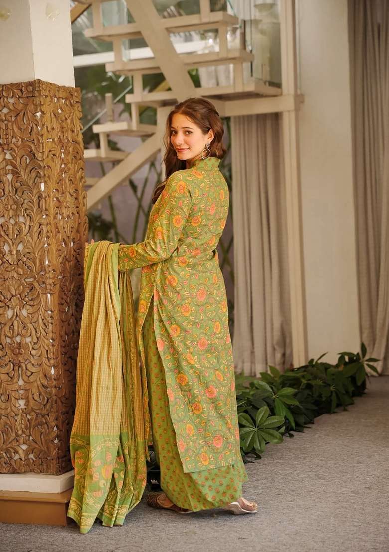 Olive Printed Cotton Kurta Set - Indya