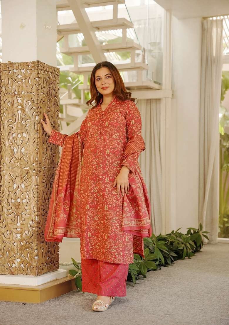 Magenta Printed Cotton Kurta Set - Indya