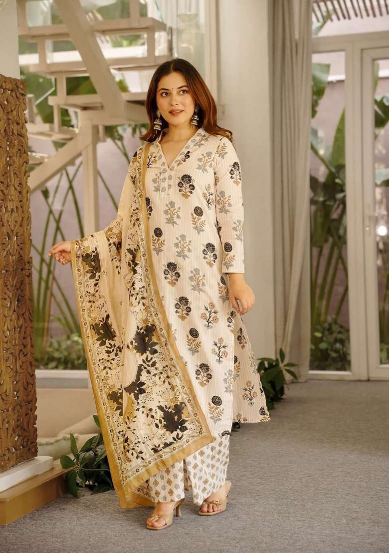 Off White Printed Cotton Kurta Set - Indya