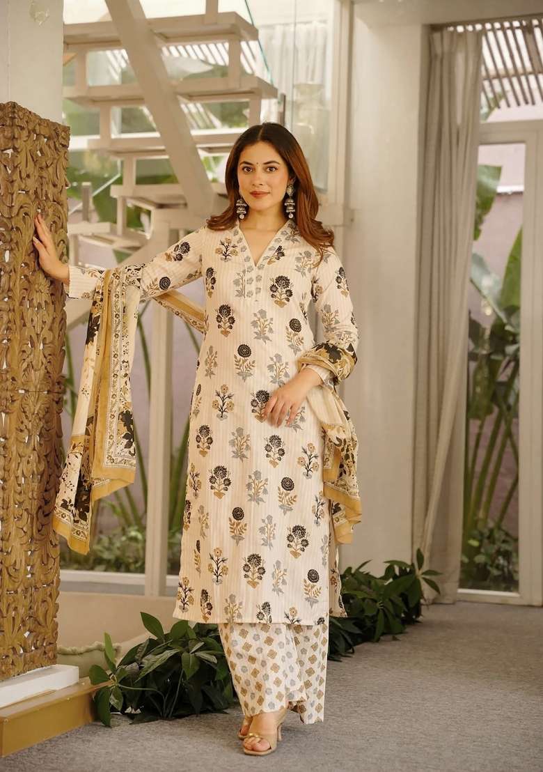 Off White Printed Cotton Kurta Set - Indya