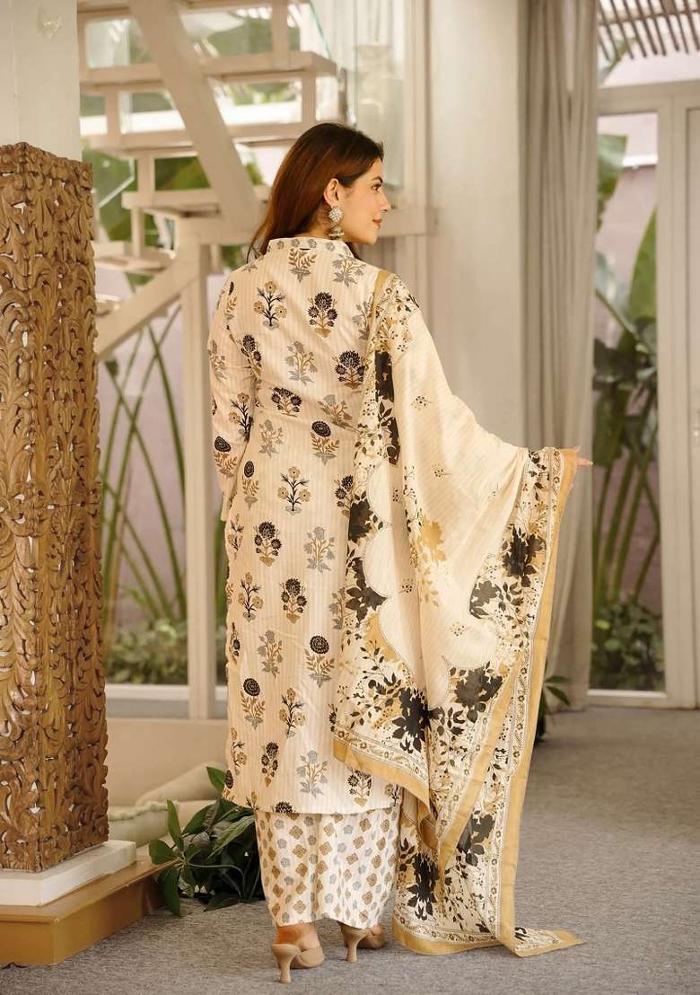 Off White Printed Cotton Kurta Set - Indya