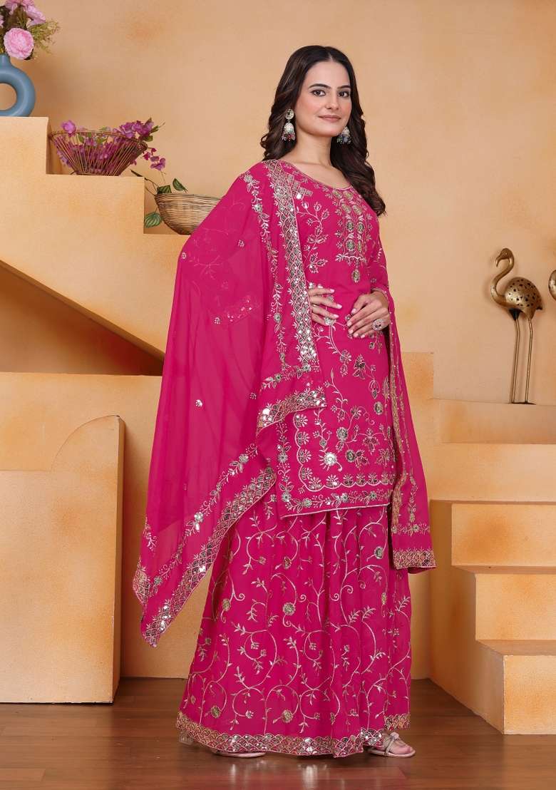 Pink Embroidered Georgette Sharara Set - Indya