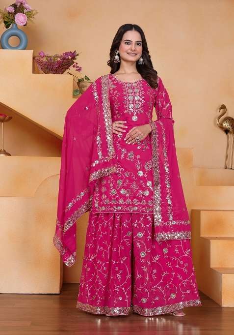 Pink Embroidered Georgette Sharara Set