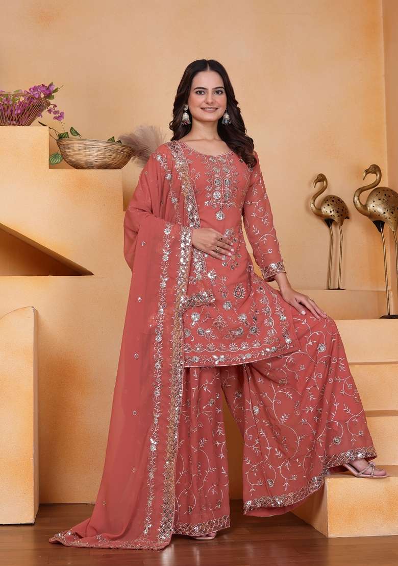 Peach Embroidered Georgette Sharara Set - Indya