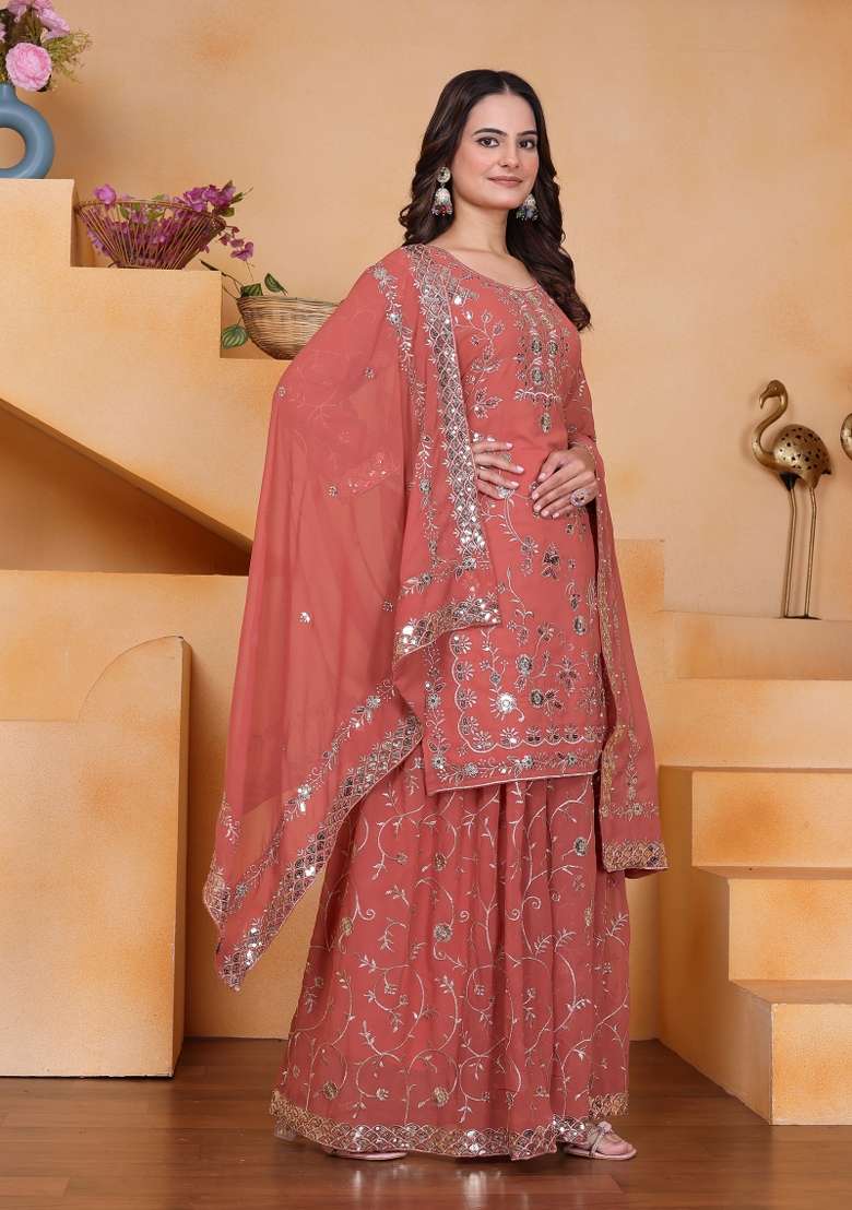 Peach Embroidered Georgette Sharara Set - Indya