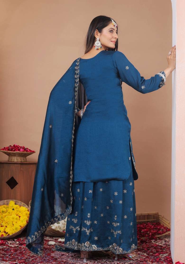 Dark Blue Embroidered Silk Sharara Set - Indya