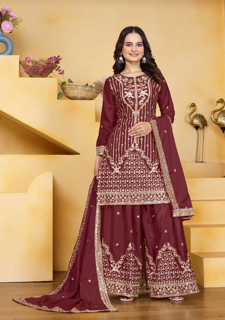Wine Embroidered Crepe Sharara Set - Indya