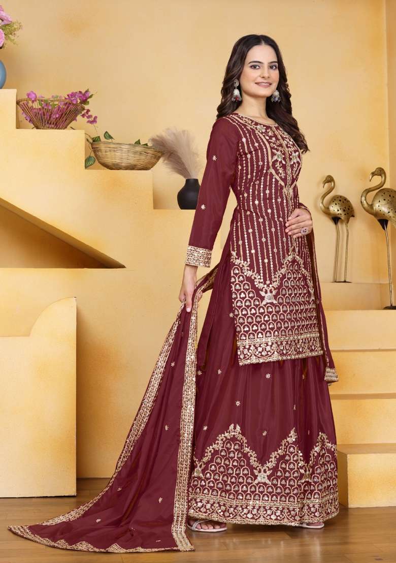 Wine Embroidered Crepe Sharara Set - Indya