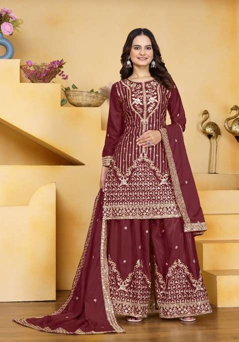 Wine Embroidered Crepe Sharara Set