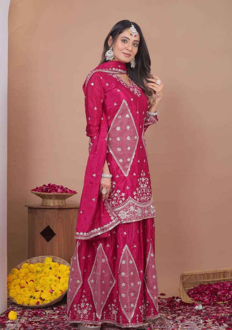Pink Embroidered Chinon Sharara Set - Indya