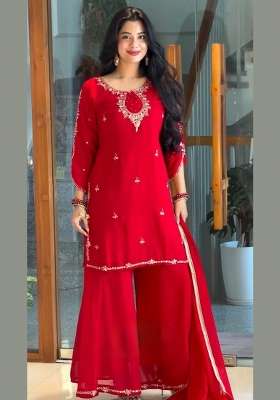 Red Embroidered Georgette Kurta Set