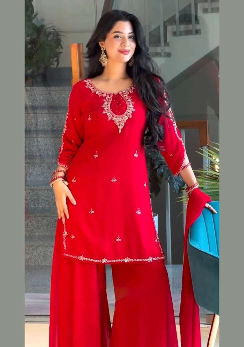 Red Embroidered Georgette Kurta Set - Indya