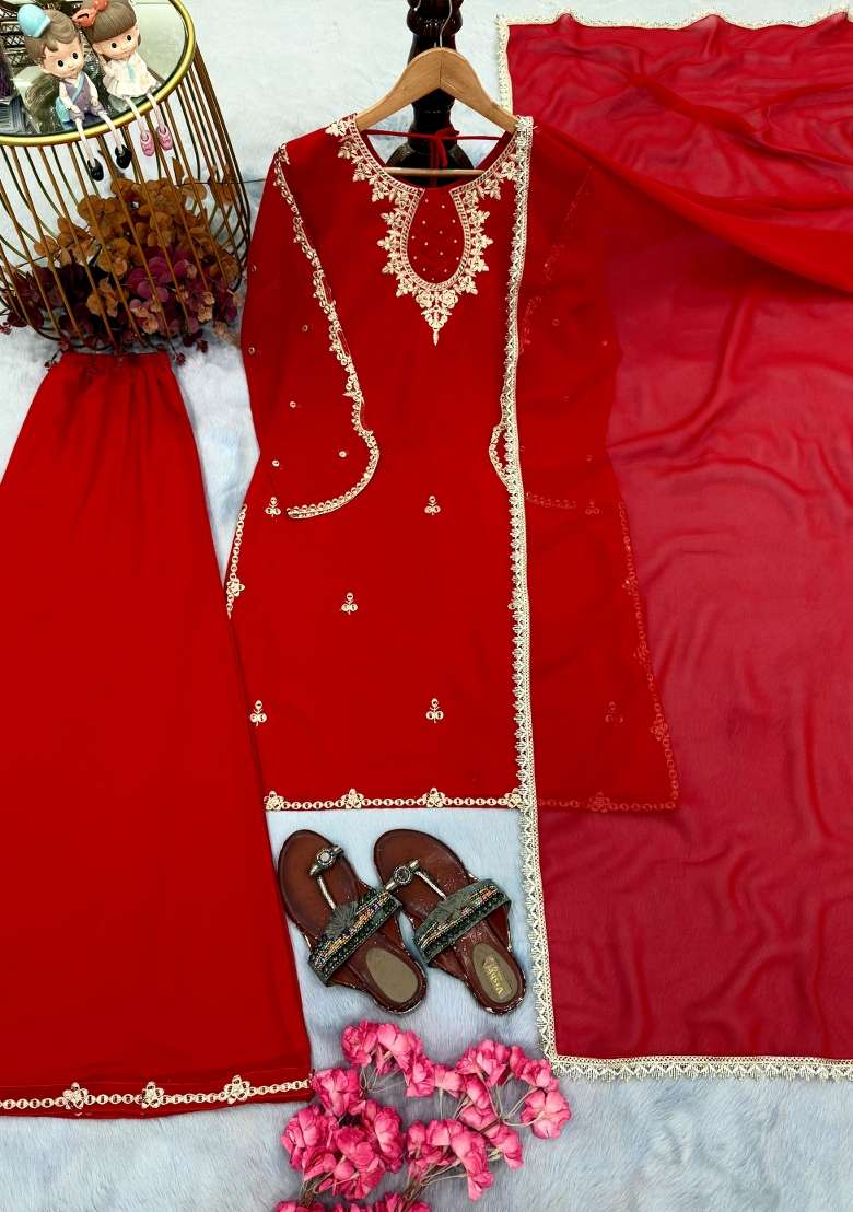 Red Embroidered Georgette Kurta Set - Indya