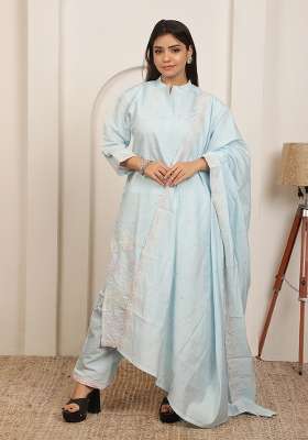 Ice Blue Embroidered Cotton Kurta Set