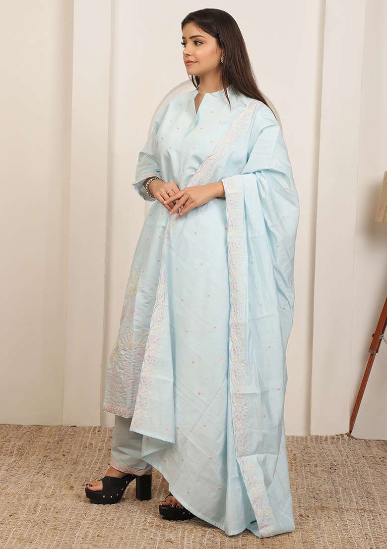 Ice Blue Embroidered Cotton Kurta Set - Indya