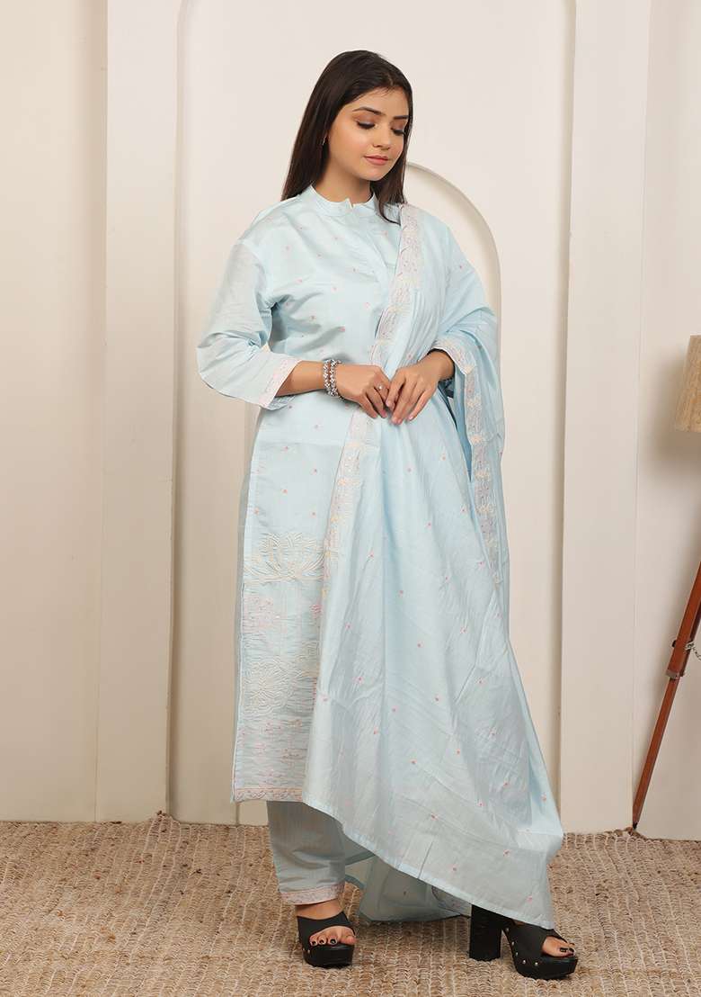 Ice Blue Embroidered Cotton Kurta Set - Indya
