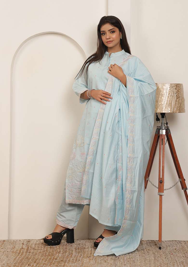 Ice Blue Embroidered Cotton Kurta Set - Indya