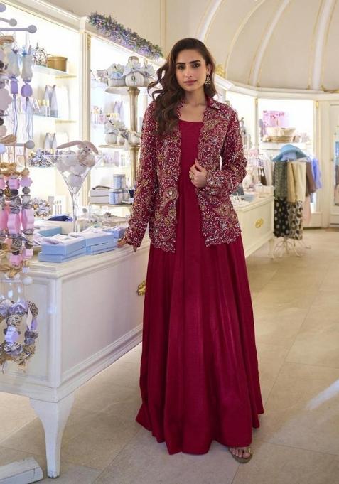 Maroon Embroidered Silk Kurta With Jacket