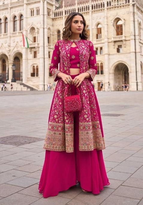 Magenta Embroidered Georgette Indo Western