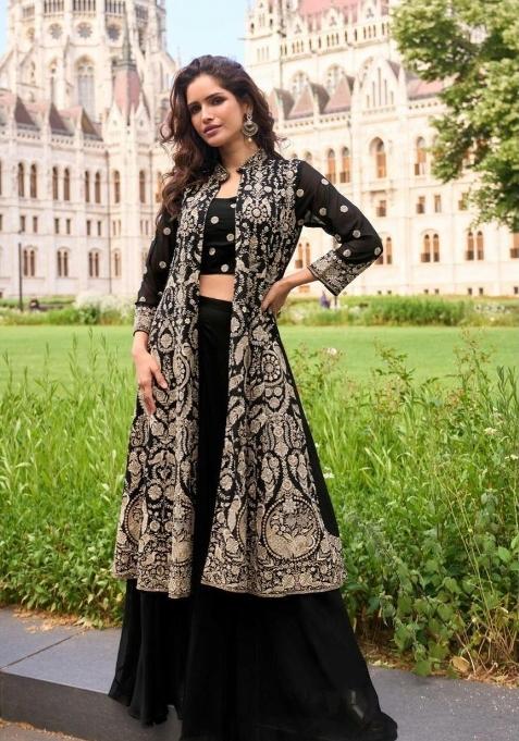 Black Embroidered Georgette Indo Western