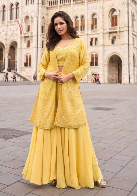Yellow Embroidered Georgette Indo Western