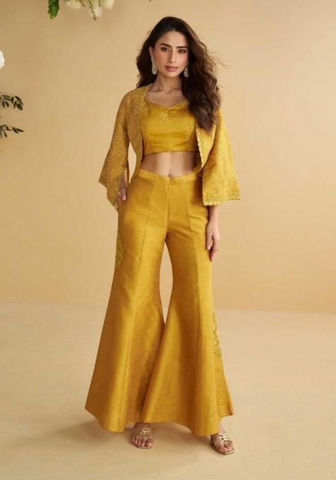 Mustard Embroidered Silk Indo Western
