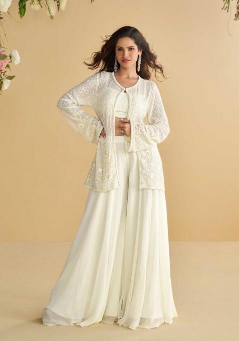 White Embroidered Silk Indo Western