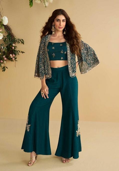 Teal Green Embroidered Silk Indo Western