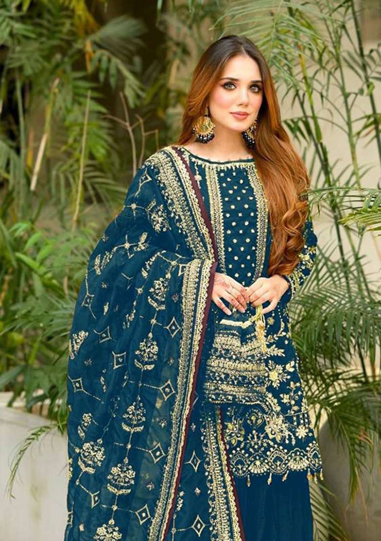 Teal Embroidered Georgette Kurta Set - Indya