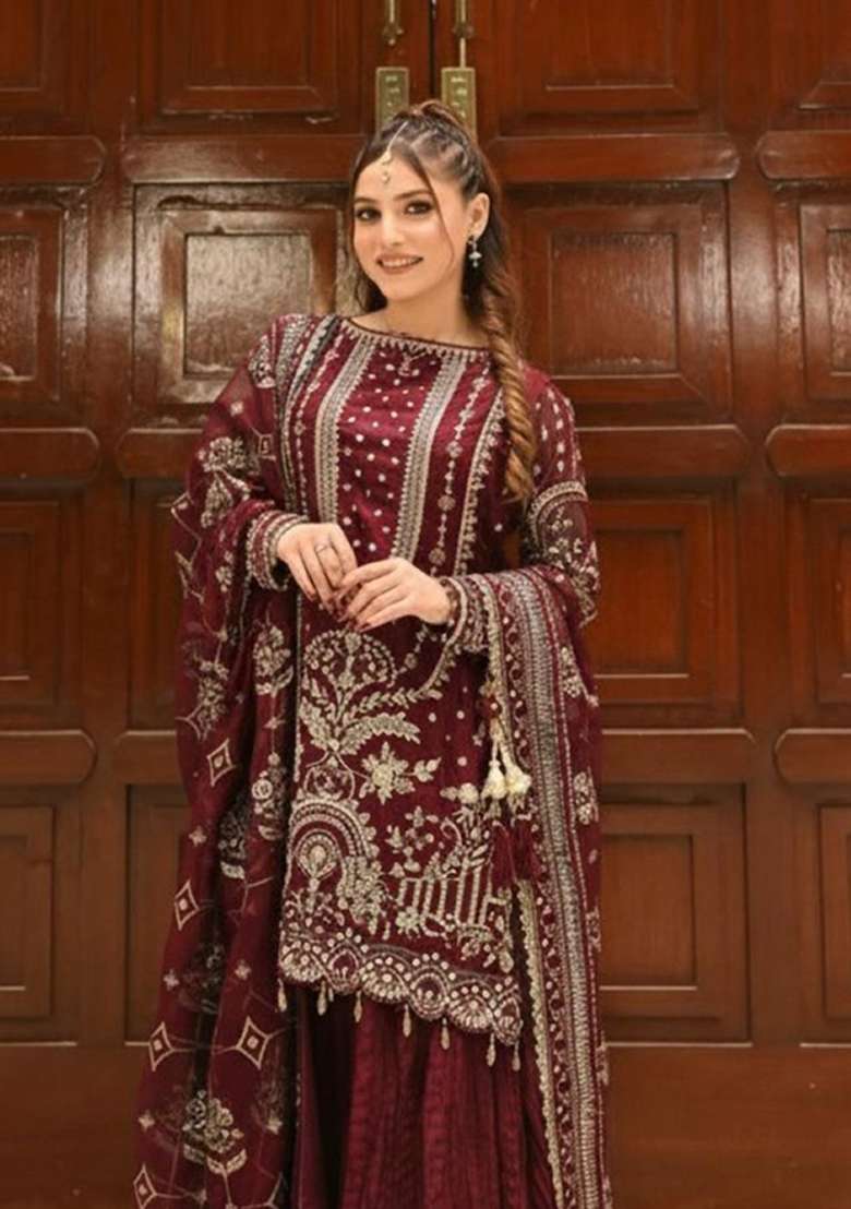 Maroon Embroidered Georgette Kurta Set - Indya
