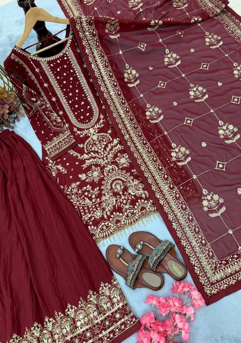 Maroon Embroidered Georgette Kurta Set - Indya