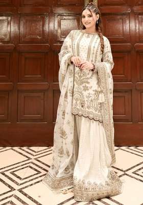 Off White Embroidered Georgette Kurta Set