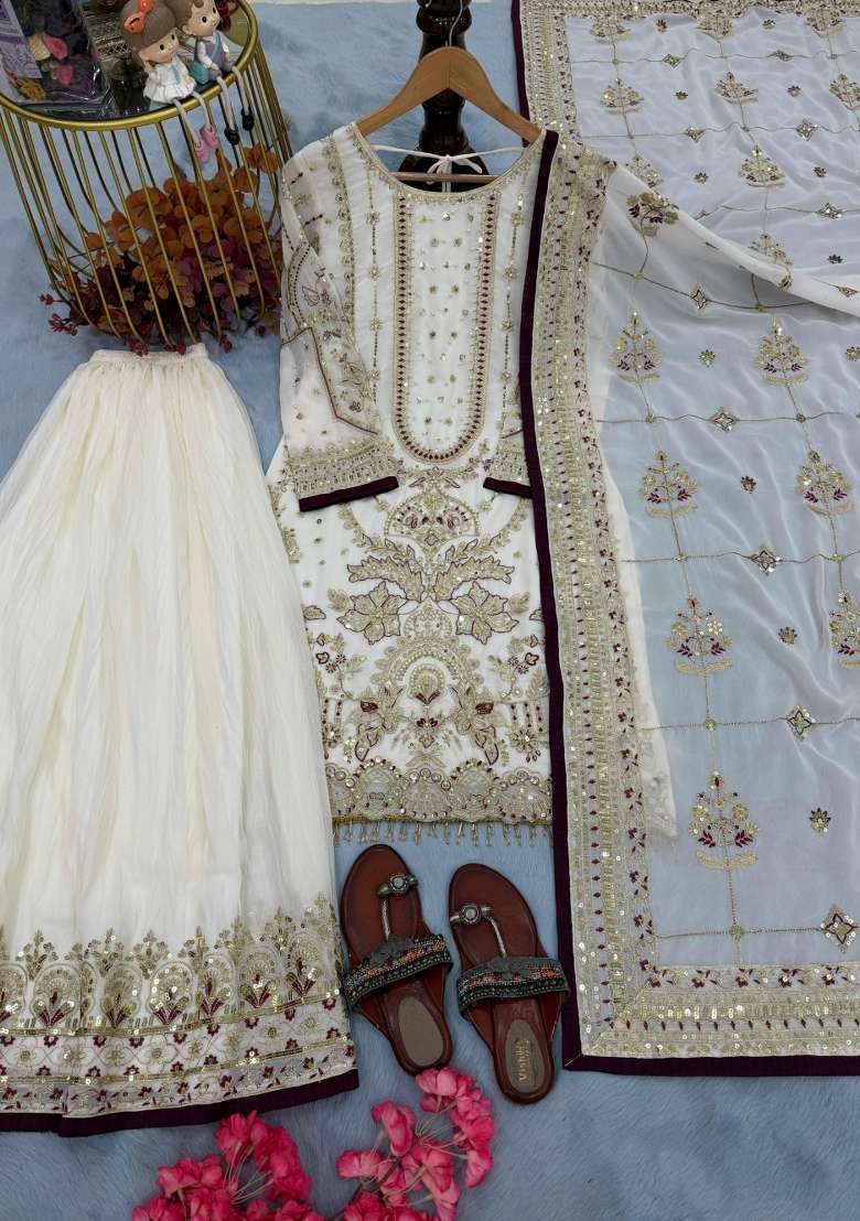 Off White Embroidered Georgette Kurta Set - Indya