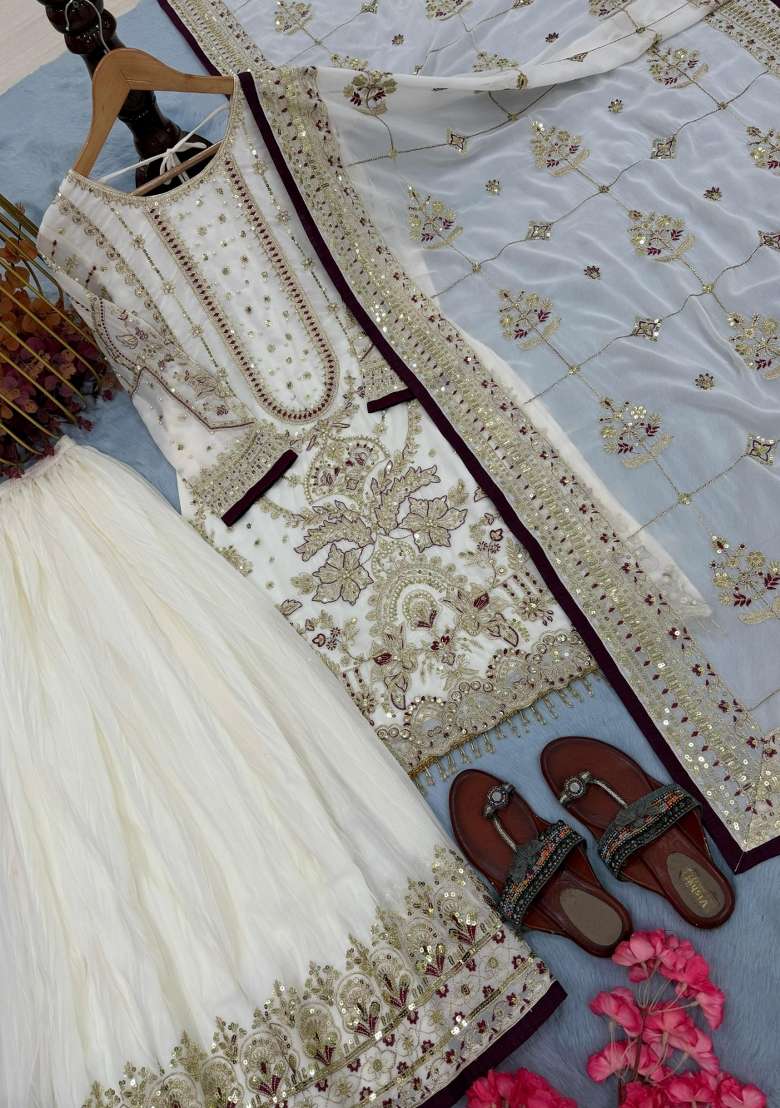 Off White Embroidered Georgette Kurta Set - Indya